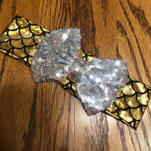 Silver Sequin Big Bow on Gold Mermaid Headband - Picture 1 of 1